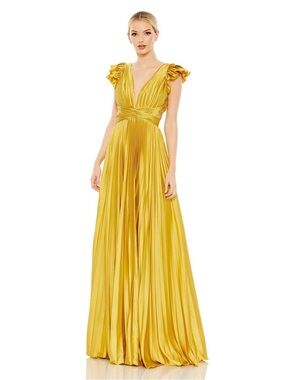 NWT Mac Duggal Gold Pleated VNeck Maxi Gown Ruffle Cap Sleeves Lace Up Back Sz 2